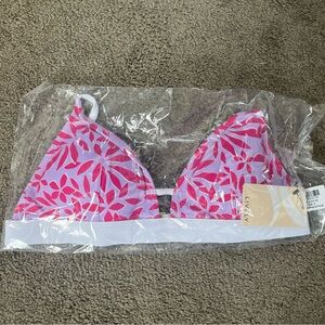 Lively Pink Leaf Print Bikini Top